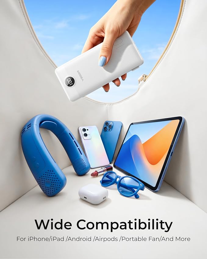VEGER Portable Charger with Built-in AC Plug and Cables, All in One 10000mAh Ultra Slim Power Bank Travel Essentials, Fast Charging Battery Pack Compatible with iPhone, Samsung, Android, White