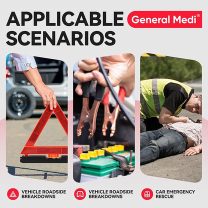 General Medi 127-Pieces Roadside Car Emergency Kit Include Mini First Aid Kit, Jumper Cables,Tow Rope, Bandage, Safety Vest, Emergency Triangle, All in One Pack
