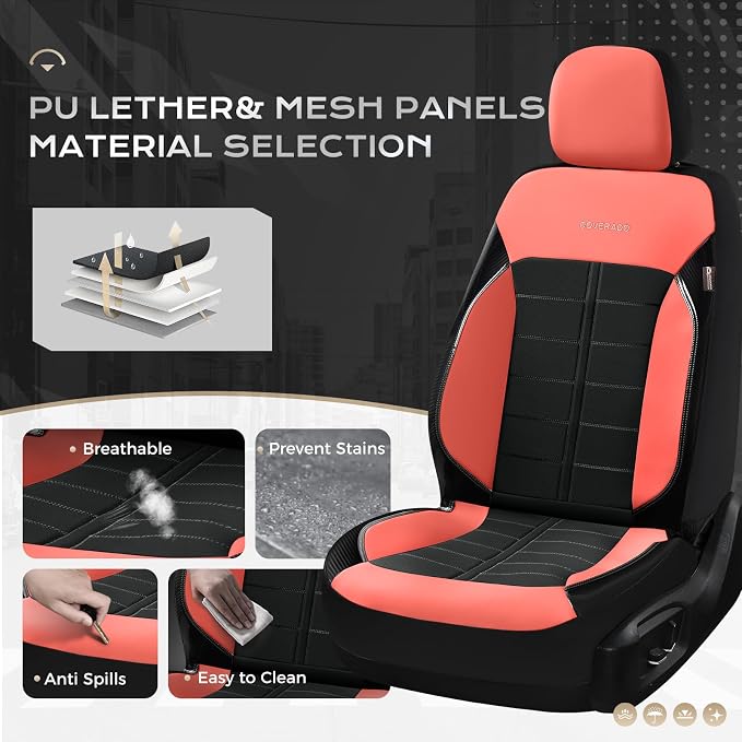Coverado Leather Seat Covers Front and Rear Seat Cover 5 Seats Automotive Waterproof Car Seat Covers Universal Fit for Most Cars SUV Trucks, Red&Black