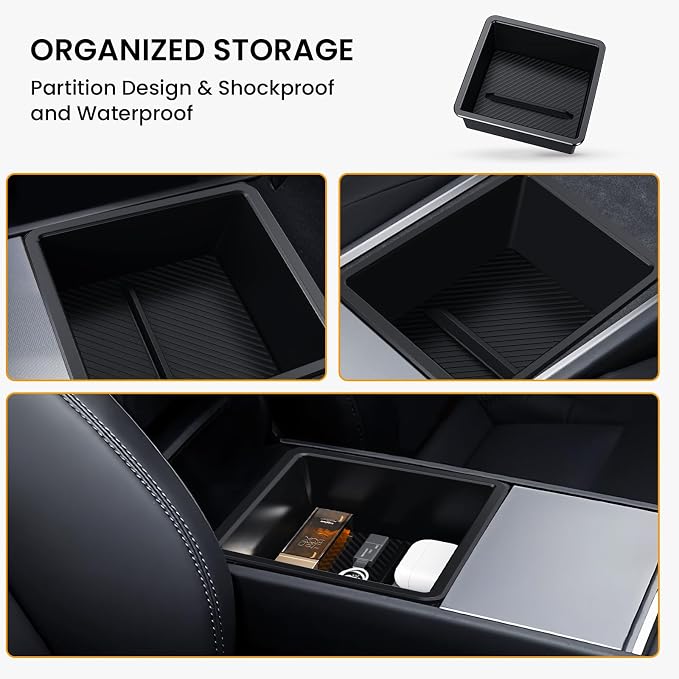 BANKKY Center Console Organizer for Tesla Model 3 Highland 2024-2026 & Model Y Juniper 2025-2026, 2PCS Armrest Storage Tray with Anti-Slip Liner, ABS Black Tesla Accessories