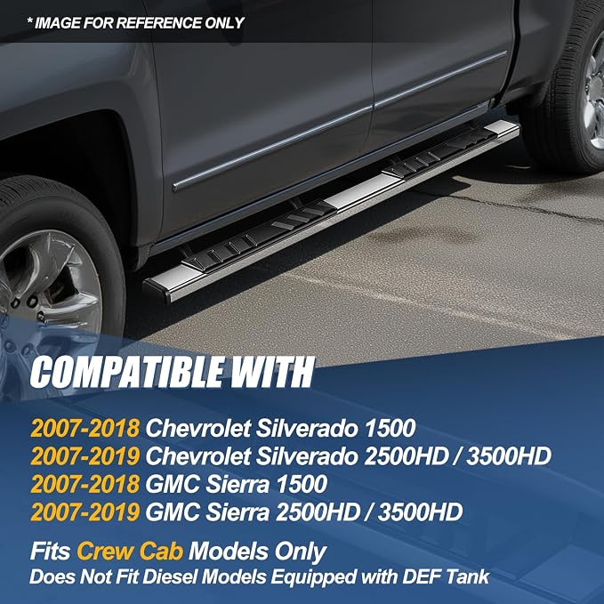 Auto Dynasty Running Boards Compatible with 2007-2019 Silverado Sierra 1500 2500HD 3500HD Crew Cab, Stainless Steel Side Step Rail Nerf Bars, 5" Step Bars, Silver Brushed