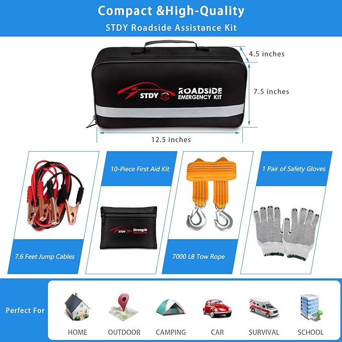 STDY Car Roadside Emergency Kit, Vehicle Truck Safety Road Side Assistance Kits Auto Accessory, with Jumper Cables, Tow Rope, Reflective Triangle, Tire Pressure Gauge, etc