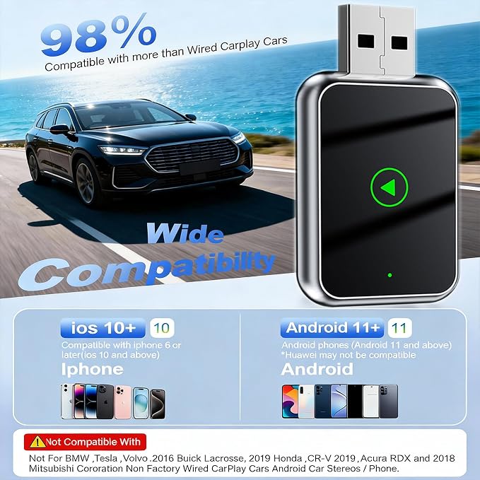 Mini Wireless Carplay Adapter Update for iPhone and Android Auto - Carplay Wireless Adapter Car Play, Wired to Wireless, Compatible with iPhone iOS 10+, Silver