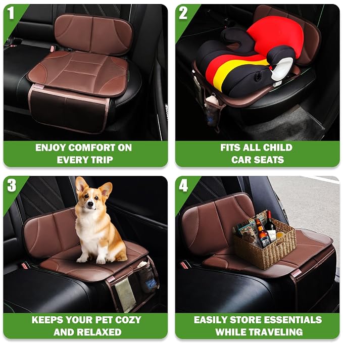 Siivton Car Seat Protector for Kids, Anti-Slip Design, Thick Padding, Prevents Seat Marks, 2 Storage Pockets for Toys & Snacks, Fits Most Cars, Black (Brown, 2 Pack)