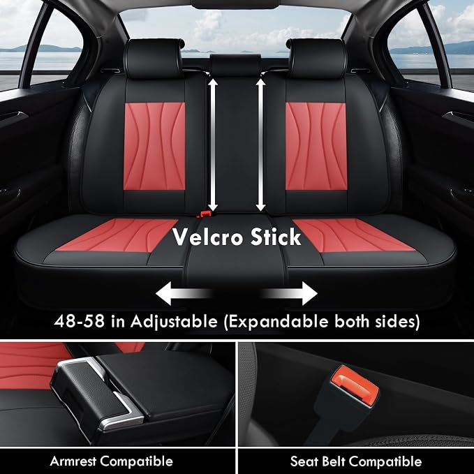 Coverado Seat Covers Full Set, Leather Car Seat Covers, Waterproof Seat Covers for Cars, Front and Back Seat Covers, Car Seat Protectors Car Seat Cushions Universal Fit for Most Cars, Black&Red