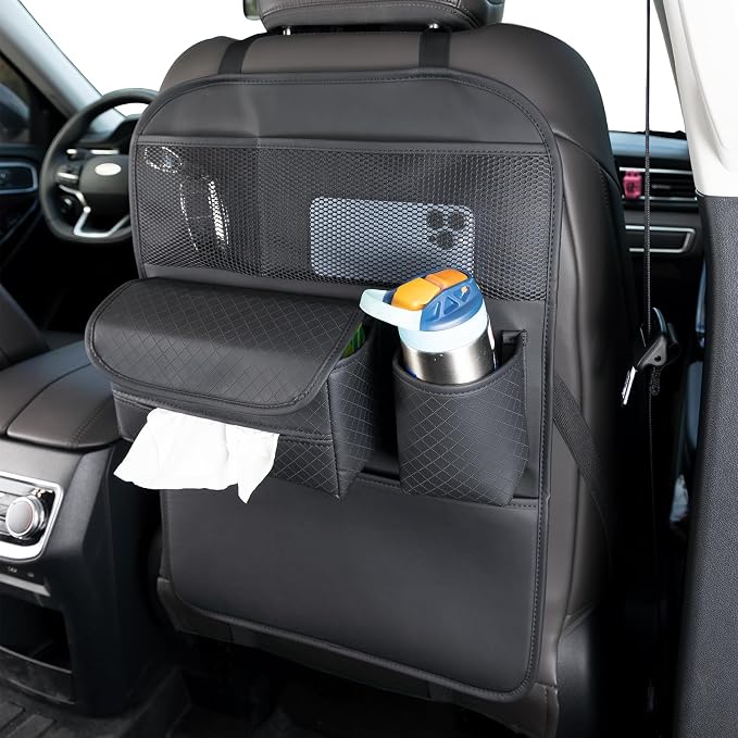 PU Leather Car Seat Back Organizer with Kick Mat Protectors, Tissue Box Storage, Cup Holder, Phone Holder for Road Trips. (Black)