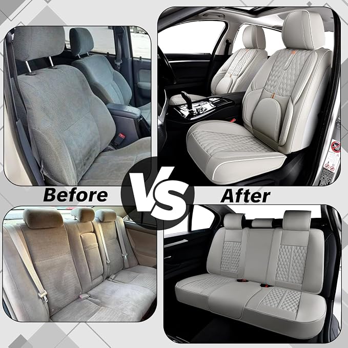 Light Gray Car Seat Covers, Universal Fit for Most Vehicles, Premium Waterproof Leather, Pet-Friendly Car Seat Covers with Lumbar Support, Slip-Resistant, Airbag-Compatible, Protects Car Interior