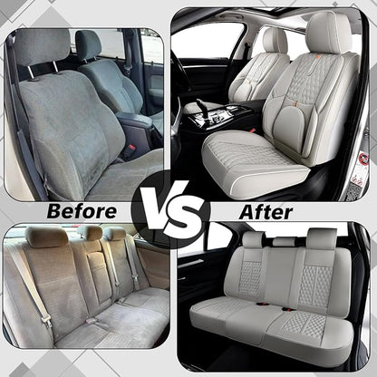 Light Gray Car Seat Covers, Universal Fit for Most Vehicles, Premium Waterproof Leather, Pet-Friendly Car Seat Covers with Lumbar Support, Slip-Resistant, Airbag-Compatible, Protects Car Interior