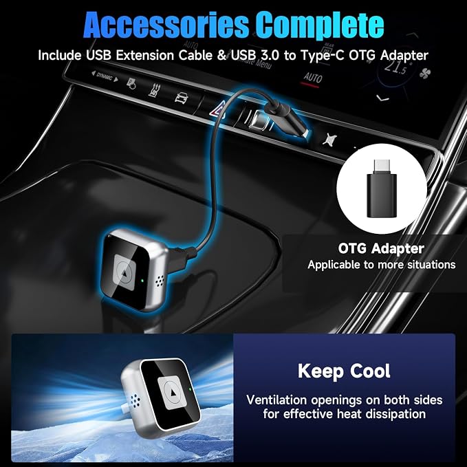 Wireless CarPlay Adapter, Wired to Wireless Car Adapter, Suitable for Apple iPhone & Android, Fast Auto-Connect, USB & Type-C, Supports 800+ Models with Built-in Wired Car Play/Android Auto