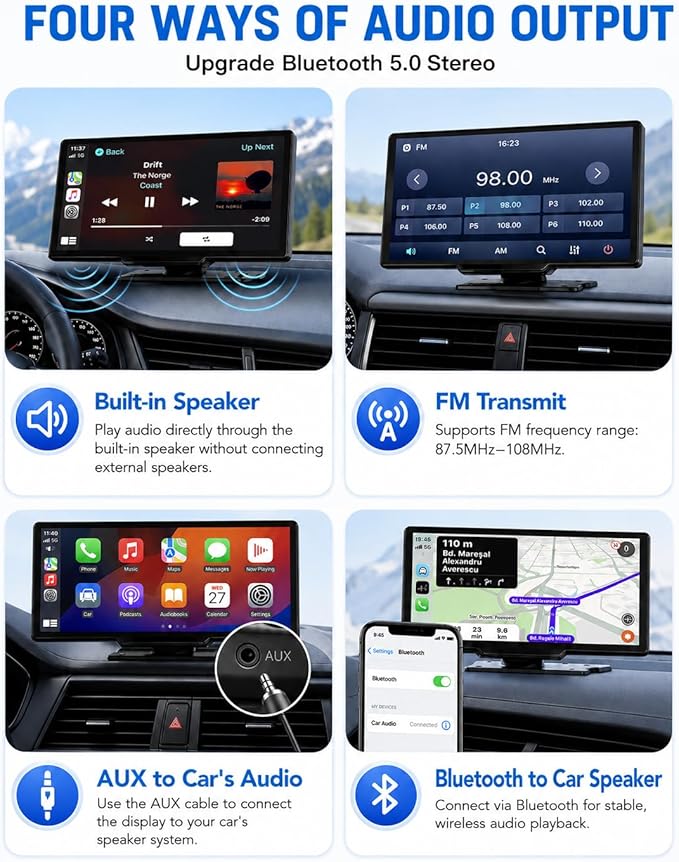 10.26" Apple Carplay Screen for Car, Wireless Portable Car Play & Android Auto HD Touch Screen, 4K Dash Cam, 1080P Backup Camera, Bluetooth 5.0, FM/Mirror Link/GPS Navigation, for All Vehicles