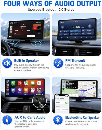 10.26" Apple Carplay Screen for Car, Wireless Portable Car Play & Android Auto HD Touch Screen, 4K Dash Cam, 1080P Backup Camera, Bluetooth 5.0, FM/Mirror Link/GPS Navigation, for All Vehicles