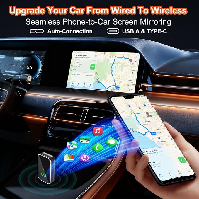 Wireless CarPlay Adapter for iPhone, Convert Wired to Wireless Dongle, 5.8GHz Fast Auto Connect, Compatible with Ford Toyota Honda Jeep Ram Chevy Nissan VW 2016-2025 Factory Wired Cars