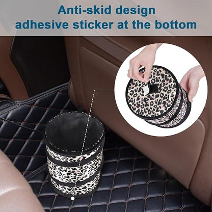 Car Trash Can, 2 Packs Mini Car Garbage Can, Collapsible Trash Bin | Pop-Up Trash Can for Front Back Seat, Portable Trash Bag Hanging for Vehicle SUV Rv Truck Accessories Interior, Leopard Print