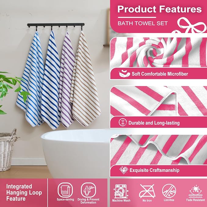 JML Microfiber Beach Towels, Bath Towel Set (4 Pack, 27" x 55") - Extra Large, Soft, Absorbent, Fast Drying, Multipurpose for Hair, Bathroom, Swimming, Fitness, Sport, Yoga -Stripe Pink