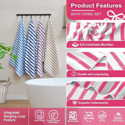 JML Microfiber Beach Towels, Bath Towel Set (4 Pack, 27" x 55") - Extra Large, Soft, Absorbent, Fast Drying, Multipurpose for Hair, Bathroom, Swimming, Fitness, Sport, Yoga -Stripe Pink