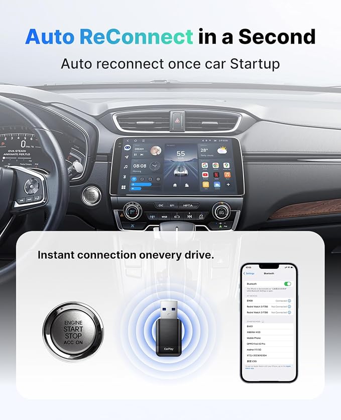 Wireless CarPlay Adapter for Apple iPhone, 2026 Convert Wired to Car Play Wireless, Plug & Play, Auto-Connect, Ultra Mini Car Play Adapter with USB A/C, No Latency for iPhone iOS 10+(2017+ Vehicles)