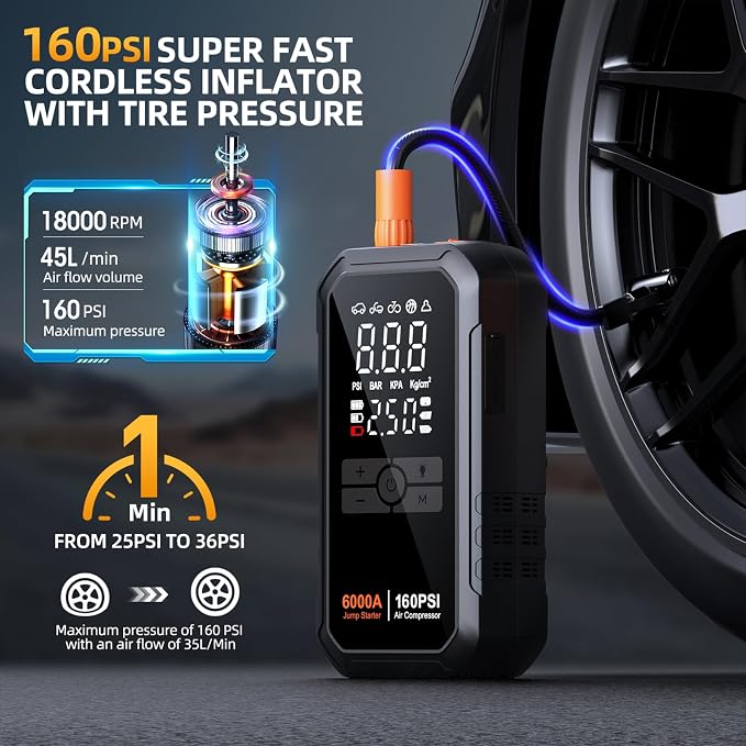 Portable 10-in-1 Car Battery Jump Starter with Air Compressor 6000A 160PSI Portable Car Jumper Starter (All Gas 12L Diesel), 12V Jump Box Car Battery Jump Starter Portable Jumper Cables, Lights