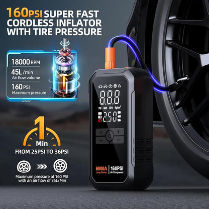 Portable 10-in-1 Car Battery Jump Starter with Air Compressor 6000A 160PSI Portable Car Jumper Starter (All Gas 12L Diesel), 12V Jump Box Car Battery Jump Starter Portable Jumper Cables, Lights