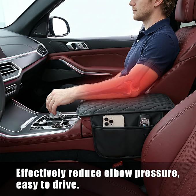 Center Console Cover, PU Leather Car Armrest Cover with Storage Pocket, Ergonomic & Anti-Slip, Universal Car Center Console Organizer for Vehicles, SUV, Truck, Sedan