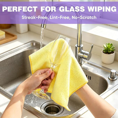TEAWOO 10 PCS Yellow Microfiber Cleaning Cloths, Highly Absorbent Microfiber Towels for Car, Kitchen, Bathroom and Household Cleaning, 11.8" X11.8