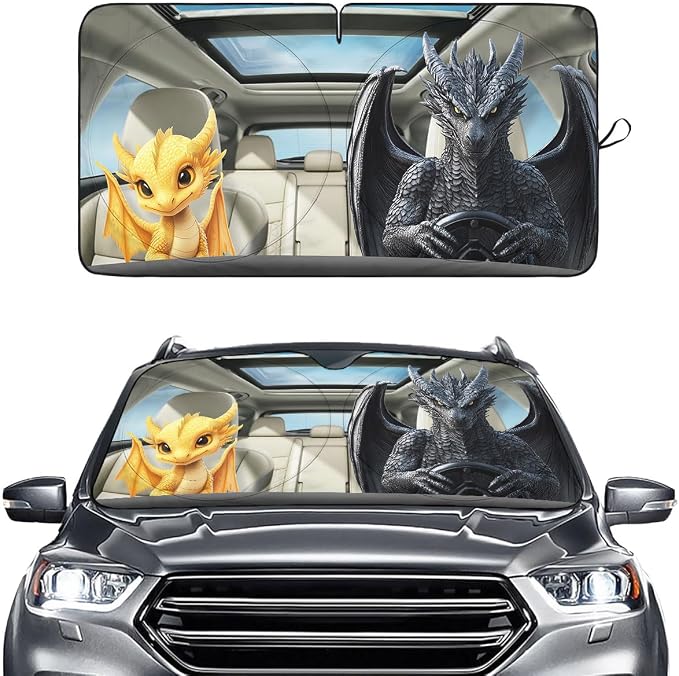 GENANY Cute Couple Dragon Windshield Sun Shade for Car SUV Truck (64x32 Inches), Automobile Sunshade, Protector Blocks UV, Car Decor