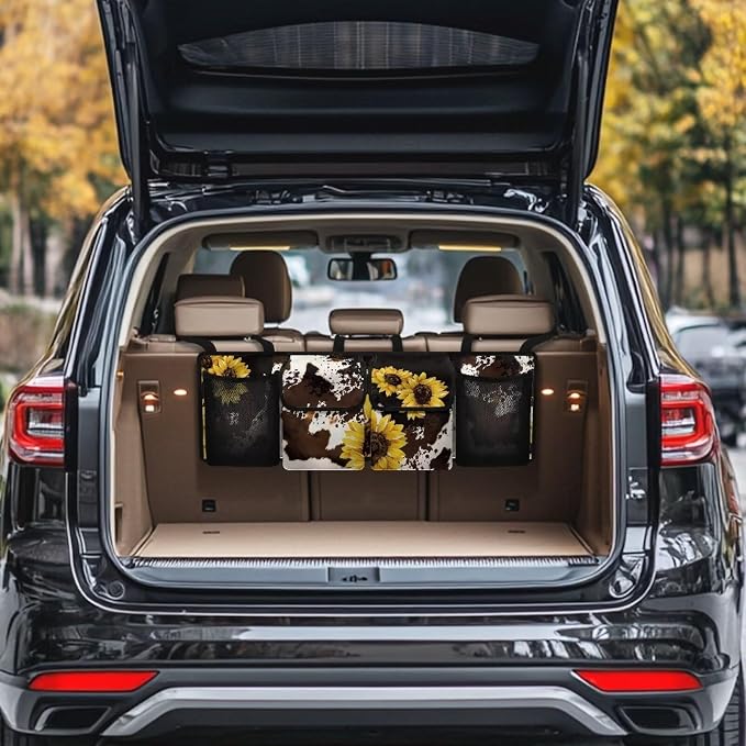 Yellow Sunflower Auto Hanging Seat Back Storage Brown Cow Spots Hanging Cargo Storage Bag for SUVs & Sedans