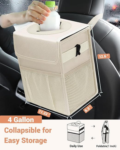 Capolo Car Trash Can with Lid, Leakproof Car Trash Bag Hanging Waterproof Automotive Garbage Can with Storage Pockets Mini Vehicle Trash Bin for Back/Front Seat(Beige,4 Gallon)