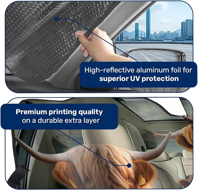 GENANY Cute Highland Cow Windshield Sun Shade for Car SUV Truck (55x30 Inches), Funny Sun Shade Windshield, Protector Blocks UV, Spring Car Decor