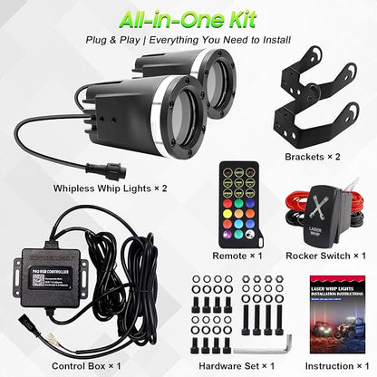 2PCS Upgraded Whipless LED Laser Whip Lights for Side-by-Side/UTV/ATV/Trucks, Ultra-Bright Focused Beam, RGBW Off-Road Lights with APP/Remote/Rocker Switch, IP68 Waterproof 12V DC