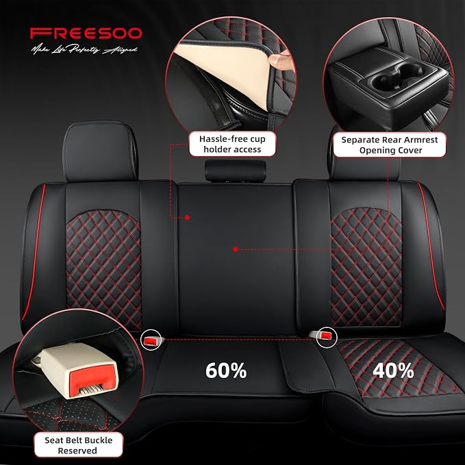 FREESOO Car Seat Covers Full Set for Dodge Ram 2002-2018 1500 & 2011-2026 2500 3500 Crew Quad Cab, 2019-2024 Ram 1500 Classic Leather Seat Cover, with Curved Bench, Black Red