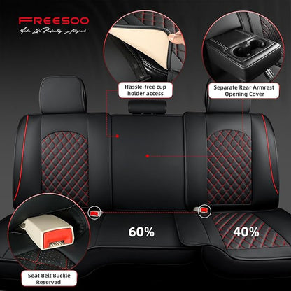 FREESOO Car Seat Covers Full Set for Dodge Ram 2002-2018 1500 & 2011-2026 2500 3500 Crew Quad Cab, 2019-2024 Ram 1500 Classic Leather Seat Cover, with Curved Bench, Black Red