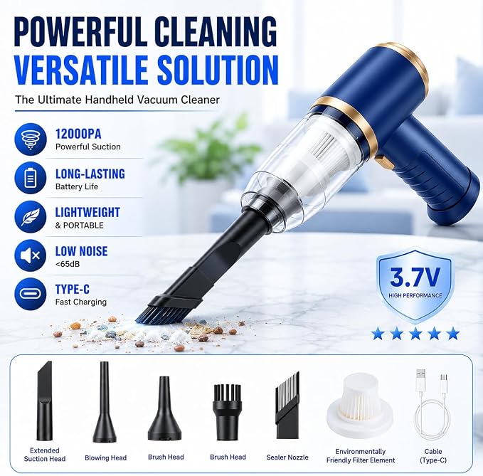 Car Vacuum Cleaner Cordless, 120W high Power Portable Mini Vacuum with 12000Pa Hand Held Vacuum Strong Suction, Electric Compressed Air Duster Blower for Car, Desk, Keyboard, Home