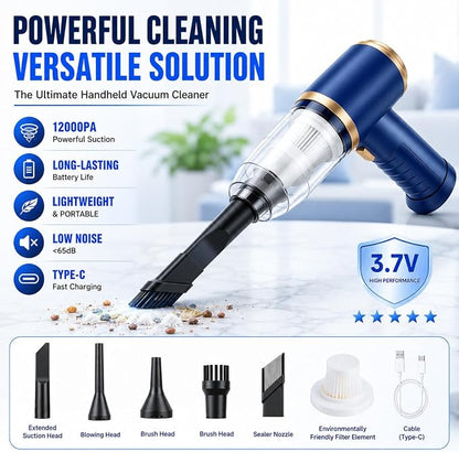 Car Vacuum Cleaner Cordless, 120W high Power Portable Mini Vacuum with 12000Pa Hand Held Vacuum Strong Suction, Electric Compressed Air Duster Blower for Car, Desk, Keyboard, Home