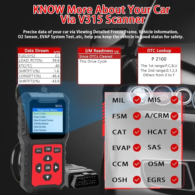 V315 OBD2 Diagnostic Diagnostic Tool Tool, Code Reader, Engine Light Diagnostic Tool, Battery Voltage Tester, for OBD2 Cars & Trucks Since 1996