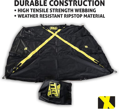 The X-Cover by TRPx - Trailer and Truck Bed Cover Large - Integrated Heavy Duty Black Tarp and Tie Down System. Fits: Standard Bed, Long Bed Trucks and Utility Trailers up to 8' Long.
