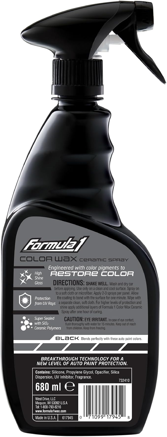 Formula 1 Color Wax Spray for Black Cars, Gives Ceramic Water Beading Protection and Ultimate Shiny Finish, Fills Minor Scratches with Color-Match Pigment, 23 oz
