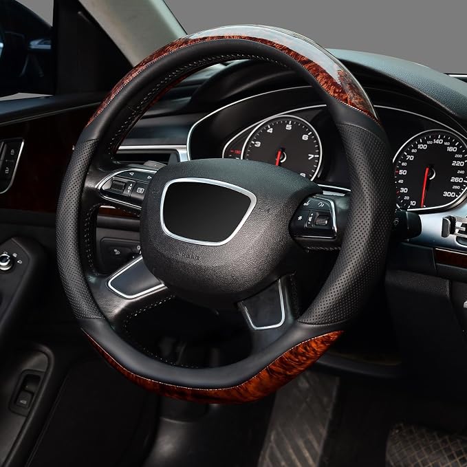 KAFEEK D Shaped Steering Wheel Cover, Luxury Wood Grain with Sporty Perforated Leather, Flat Bottom Steering Wheel Protector, Universal 14.5-15 Inch, Anti-Slip Comfort Grip, Black