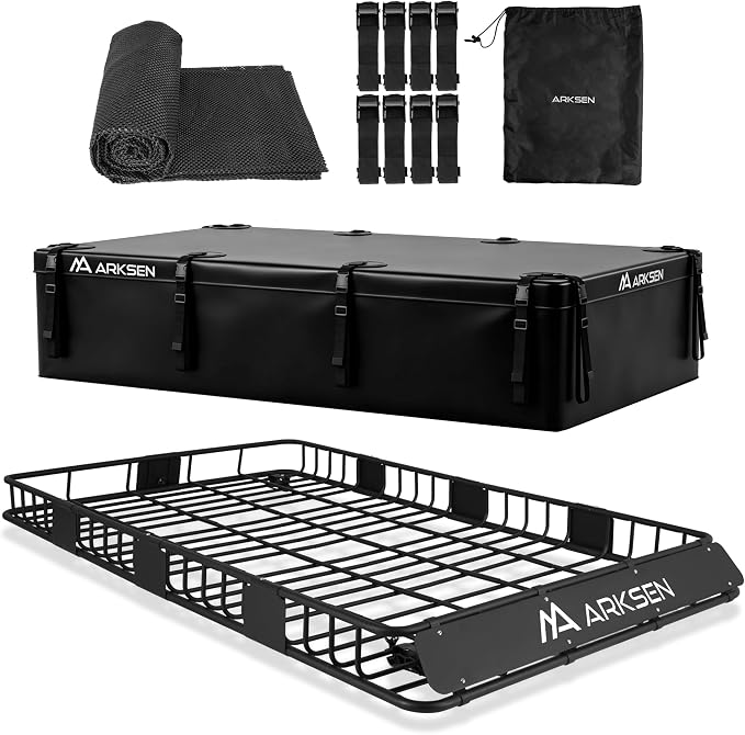 ARKSEN 84 x 50 x 6 Inch Universal Extra Wide Heavy Duty Roof Rack Cargo Basket with 500D PVC Waterproof Cargo Bag, Car Top Luggage Holder Carrier for SUV, Truck, & Car Steel Construction