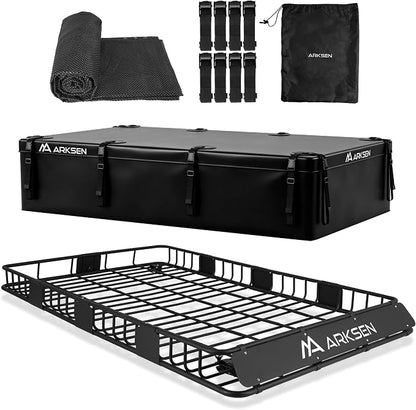 ARKSEN 84 x 50 x 6 Inch Universal Extra Wide Heavy Duty Roof Rack Cargo Basket with 500D PVC Waterproof Cargo Bag, Car Top Luggage Holder Carrier for SUV, Truck, & Car Steel Construction
