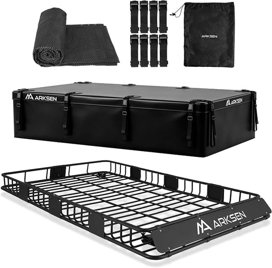 ARKSEN 84 x 50 x 6 Inch Universal Extra Wide Heavy Duty Roof Rack Cargo Basket with 500D PVC Waterproof Cargo Bag, Car Top Luggage Holder Carrier for SUV, Truck, & Car Steel Construction