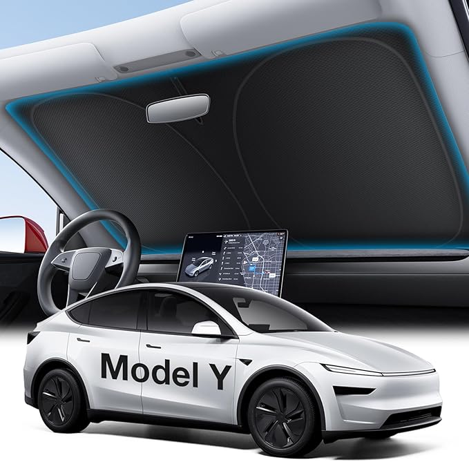 Wigoo Tesla New Model Y Accessories Windshield Sunshade [OEM Design, 100% Sun Blockage] Foldable Heat Insulation Sunshade with Storage Bag, for Model Y 2020~2026 (Juniper), Silver Coating