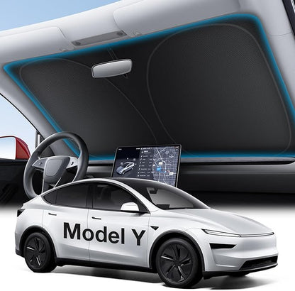 Wigoo Tesla New Model Y Accessories Windshield Sunshade [OEM Design, 100% Sun Blockage] Foldable Heat Insulation Sunshade with Storage Bag, for Model Y 2020~2026 (Juniper), Silver Coating