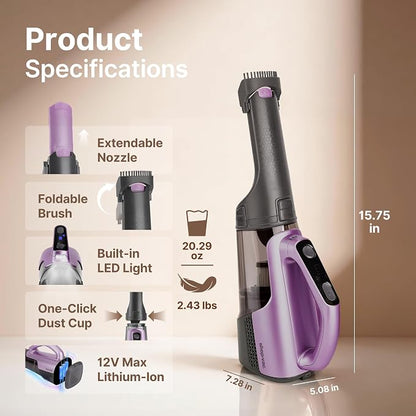 Shop-Vac S2 12V Handheld Vacuum Cordless, Rotatable Nozzle, Dual-Speed Powerful Portable Car Vacuum Rechargeable, Wall-Mounted Lightweight Hand Vacuum for Home & Car, LED, HEPA Filter, Purple