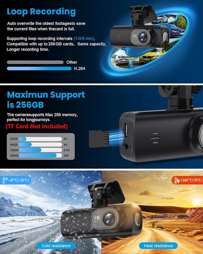 Dash Cam 4K Front, Ultra HD Dash Camera for Cars, 1.47''IPS Screen Mini Car Camera with APP Control, Built-in Wi-Fi & G-Sensor, 24H Parking Mode, Night Vision, WDR, Loop Recording, Support 256GB Max