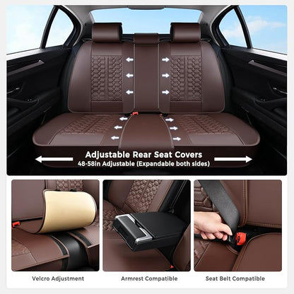 Huidasource Car Seat Covers Full Set, Car Seat Cushion Cover, Full-Cover Leather Car Seat Covers Front and Rear 5 Seats, Waterproof Automotive Seat Covers Fit for Most Cars SUV Trucks, Coffee
