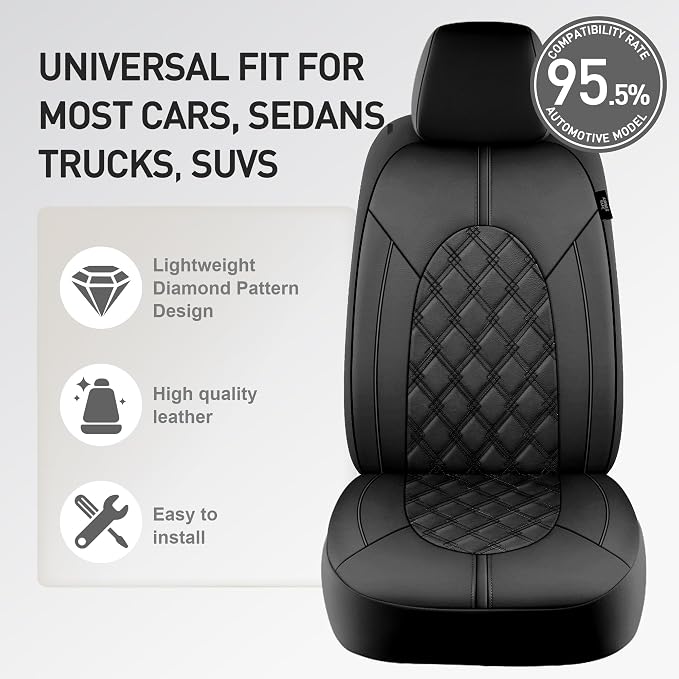 CAROMOP Luxury PU Leather Car Seat Covers Front Set - Anti-Stain Waterproof Automotive Seat Covers for Cars - Universal Car Interior Covers Seat Protectors for SUVs Pick-up Trucks(Black)