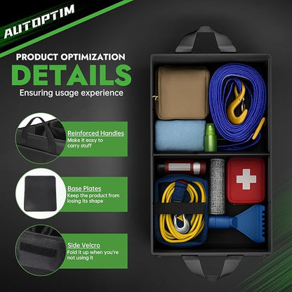 AUTOPTIM Car Trunk Organizer - Collapsible Car Organizer with Non Slip Bottom & Multiple Pockets for Groceries, Trunk Storage with Base Panel for SUV Sedan Van, 2 Compartments (Black, Small)