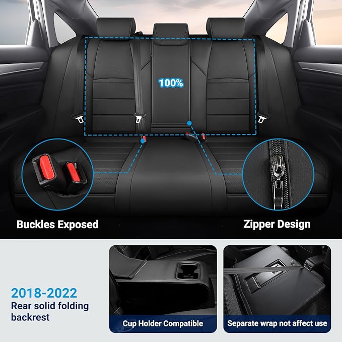 Custom for Honda Accord Seat Covers 2018 2019 2020 2021 2022 LX, Faux Leather Car Seats Cover Full Set (Rear Solid Folding backrest) - Black