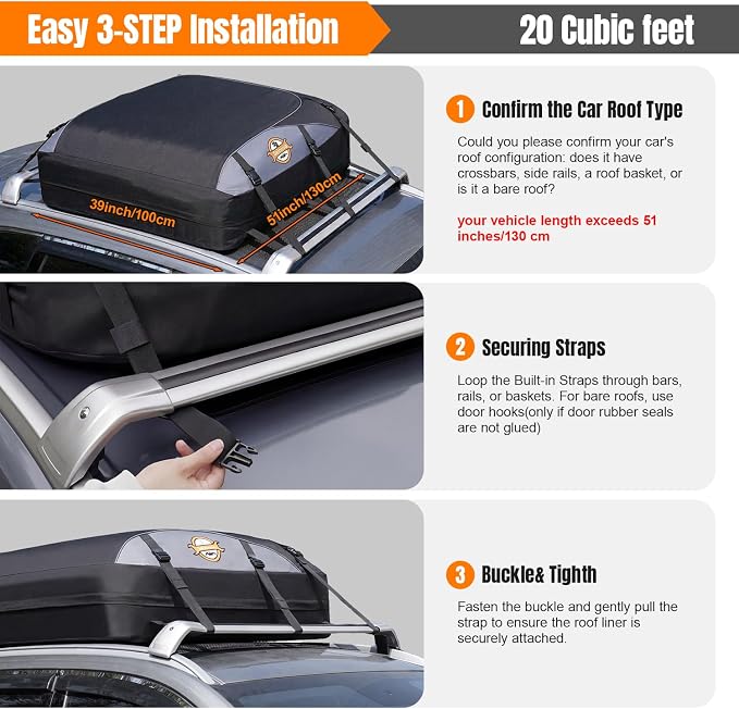 Sailnovo Rooftop Cargo Carrier Roof Bag, 20 Cubic feet Soft Waterproof Car Roof Bag fit Cars with/Without Rack, 6 Tie-Down Straps, 6 Door Hooks, Foldable Car Top Carrier for Road Trip Camping Travel