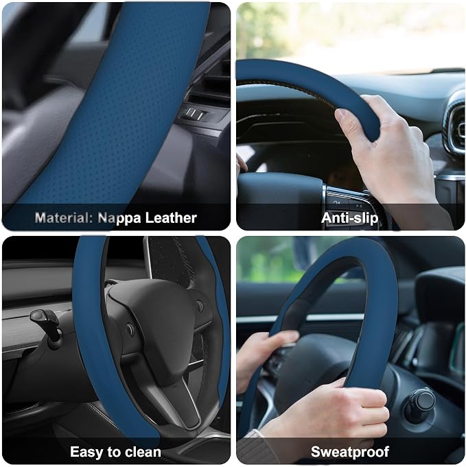 Frani Nappa Leather Steering Wheel Cover,Universal Fit 15 Inch-Premium Non-Slip Breathable Comfort Grip for Cars Trucks SUVs,Anti-Slip Durable Interior Upgrade Navy Blue